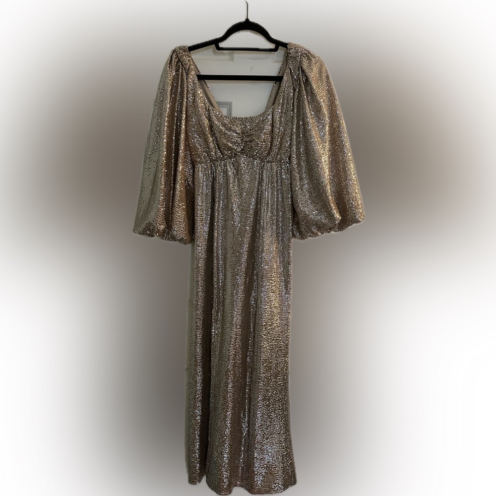 SHOW ME YOUR MUMU Sydney Gold Sequin maxi dress with front side slit, size M
